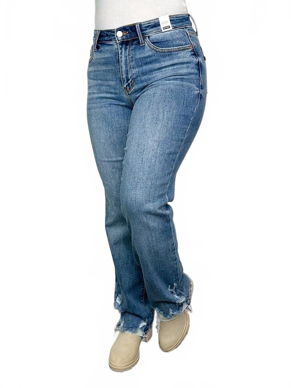 NEW JUDY BLUE carmen distressed high-rise straight leg jeans in medium wash deni
